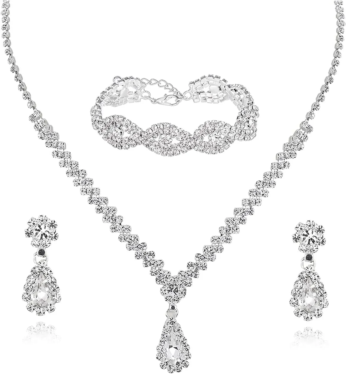 Women Crystal Necklace Earrings Bracelets Set Wedding Rhinestones Necklaces Rhinestone Teardrop Pendant Earrings Shiny Bracelet Jewelry for Bridesmaids Wedding Party