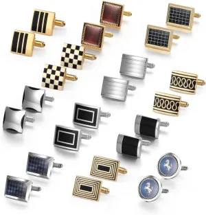 wynameleri Cufflink 12 Pairs, Classic Fashion Men's Cuff Links Silver-Tone Gold-Tone Black for Business Wedding Party Gift Box