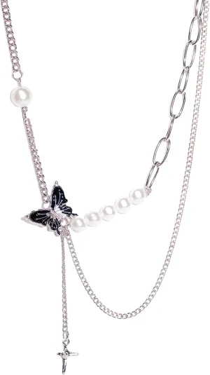 Y2K Black Butterfly Goth Pearl Chain charm Necklace Punk Statement Necklace for Women Friend Friendship Party Jewelry Gifts, A Fusion of Sweetness and Coolness,with Unique Personality