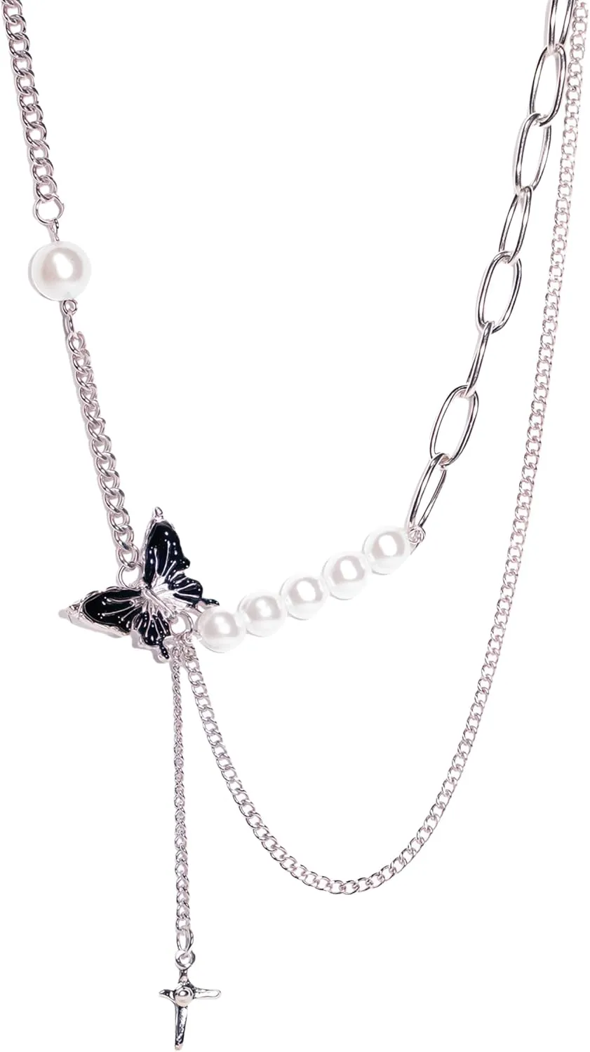 Y2K Black Butterfly Goth Pearl Chain charm Necklace Punk Statement Necklace for Women Friend Friendship Party Jewelry Gifts, A Fusion of Sweetness and Coolness,with Unique Personality