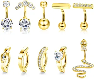 YADOCA 10Pcs 14G Clicker Belly Button Ring for Women Surgical Steel Belly Rings Simple Cubic Zirconia Snake Bar Reverse Navel Rings Belly Piercing