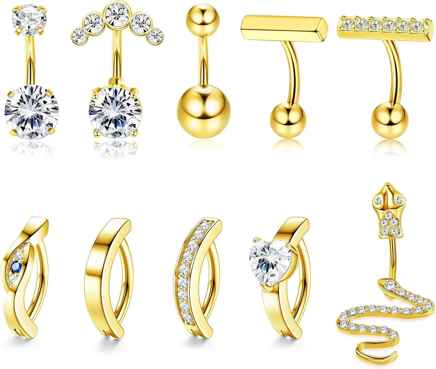 YADOCA 10Pcs 14G Clicker Belly Button Ring for Women Surgical Steel Belly Rings Simple Cubic Zirconia Snake Bar Reverse Navel Rings Belly Piercing