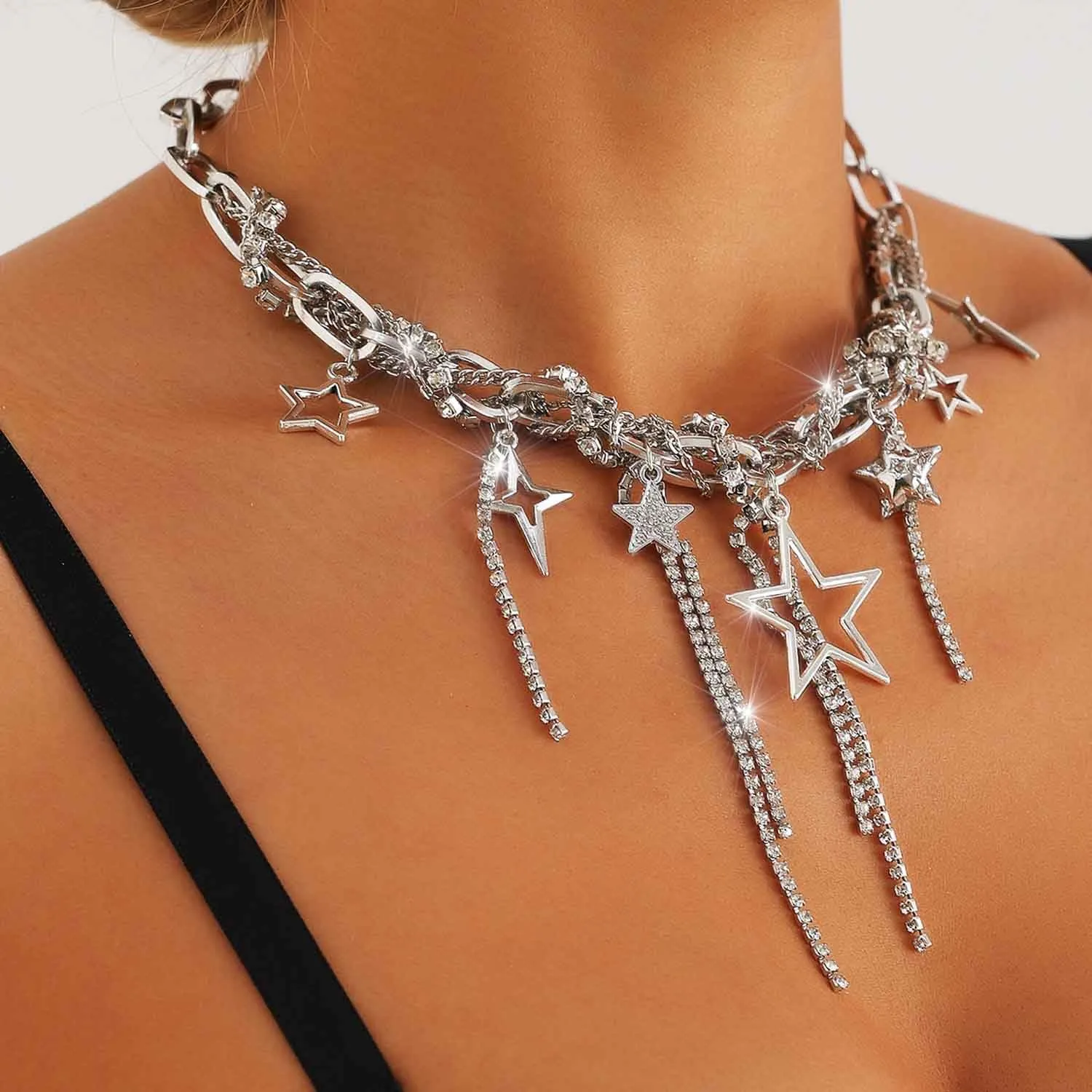 Yalice Punk Silver Choker Necklaces for Women Gothic Heart Star Pendant Necklace Chain with Rivet Grunge Y2K Rhinestone Jewelry Gifts