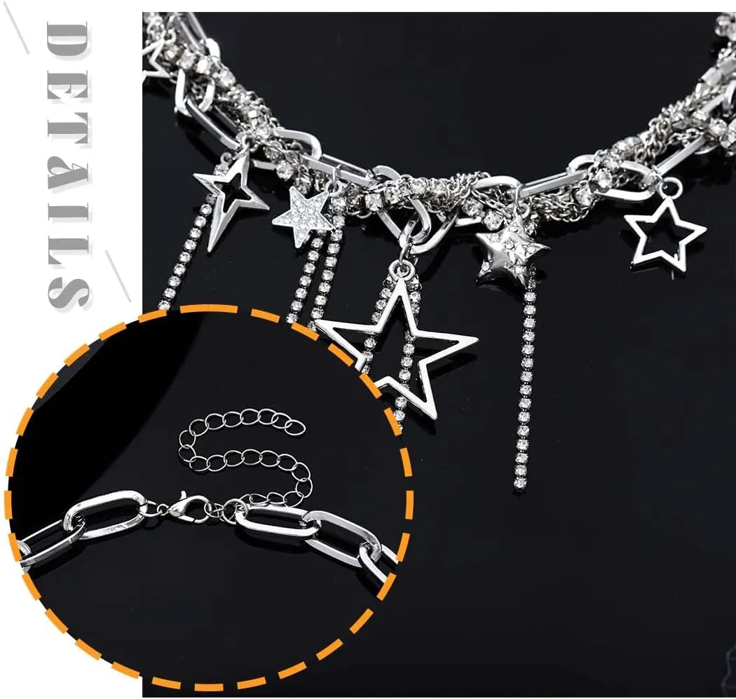 Yalice Punk Silver Choker Necklaces for Women Gothic Heart Star Pendant Necklace Chain with Rivet Grunge Y2K Rhinestone Jewelry Gifts