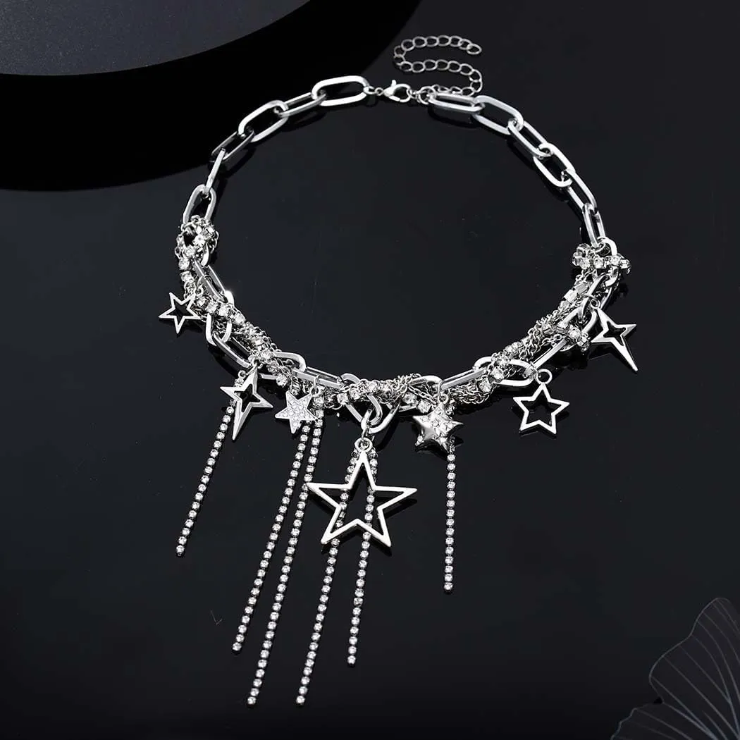 Yalice Punk Silver Choker Necklaces for Women Gothic Heart Star Pendant Necklace Chain with Rivet Grunge Y2K Rhinestone Jewelry Gifts