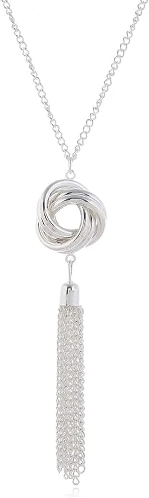YALLNASL Long Tassel Pendant Necklace for Women Knot Disk Circle Tassel Long Silver Chain Statement Necklaces Costume for Women Y Necklace Gifts
