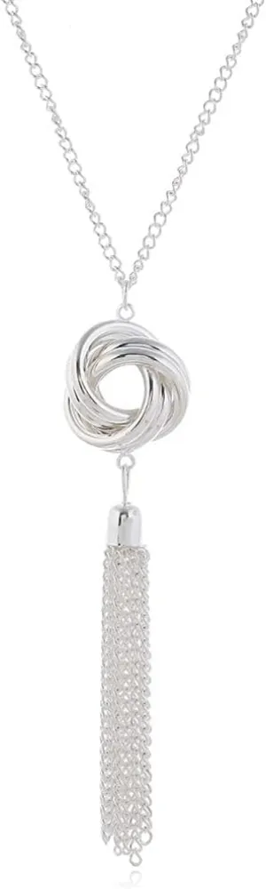 YALLNASL Long Tassel Pendant Necklace for Women Knot Disk Circle Tassel Long Silver Chain Statement Necklaces Costume for Women Y Necklace Gifts