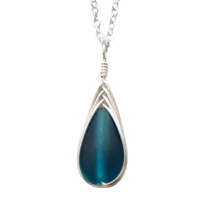 Yinahawaii Handmade Sea Glass Necklace, Hawaiian Jewelry For Women, Braided Teardrop Necklace, Unique Sea Glass Jewelry For Women Birthday Gift (Teal)