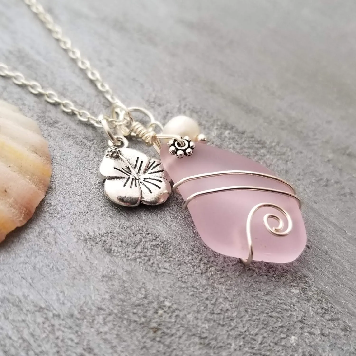Yinahawaii Sea Glass Necklace, Hawaiian Jewelry For Women, Wire Wrapped Sea Glass Necklace, Unique Birthday Gift (Pink - October)
