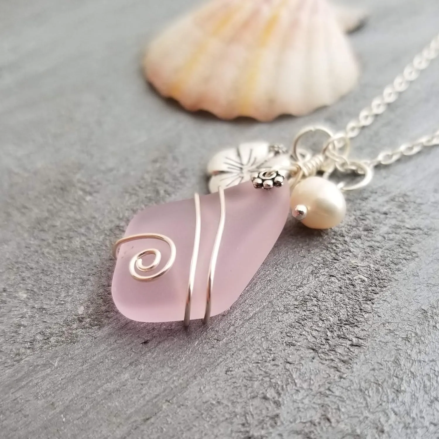 Yinahawaii Sea Glass Necklace, Hawaiian Jewelry For Women, Wire Wrapped Sea Glass Necklace, Unique Birthday Gift (Pink - October)