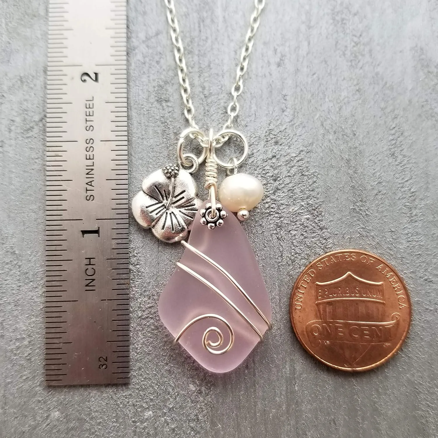 Yinahawaii Sea Glass Necklace, Hawaiian Jewelry For Women, Wire Wrapped Sea Glass Necklace, Unique Birthday Gift (Pink - October)