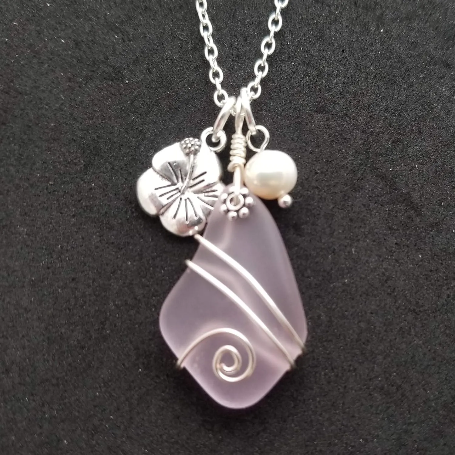 Yinahawaii Sea Glass Necklace, Hawaiian Jewelry For Women, Wire Wrapped Sea Glass Necklace, Unique Birthday Gift (Pink - October)