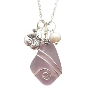 Yinahawaii Sea Glass Necklace, Hawaiian Jewelry For Women, Wire Wrapped Sea Glass Necklace, Unique Birthday Gift (Pink - October)