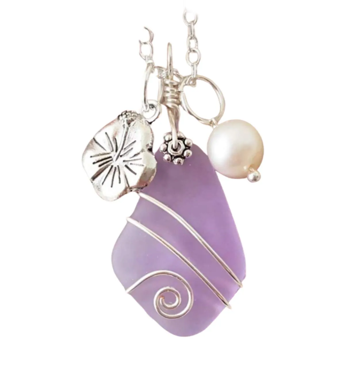 Yinahawaii Sea Glass Necklace, Hawaiian Jewelry For Women, Wire Wrapped Sea Glass Necklace, Unique Birthday Gift (Purple - February)