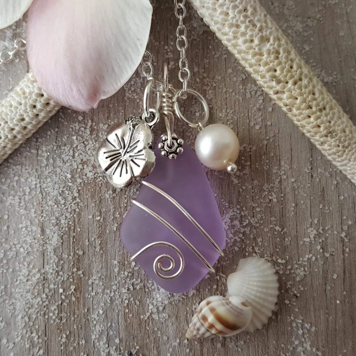 Yinahawaii Sea Glass Necklace, Hawaiian Jewelry For Women, Wire Wrapped Sea Glass Necklace, Unique Birthday Gift (Purple - February)