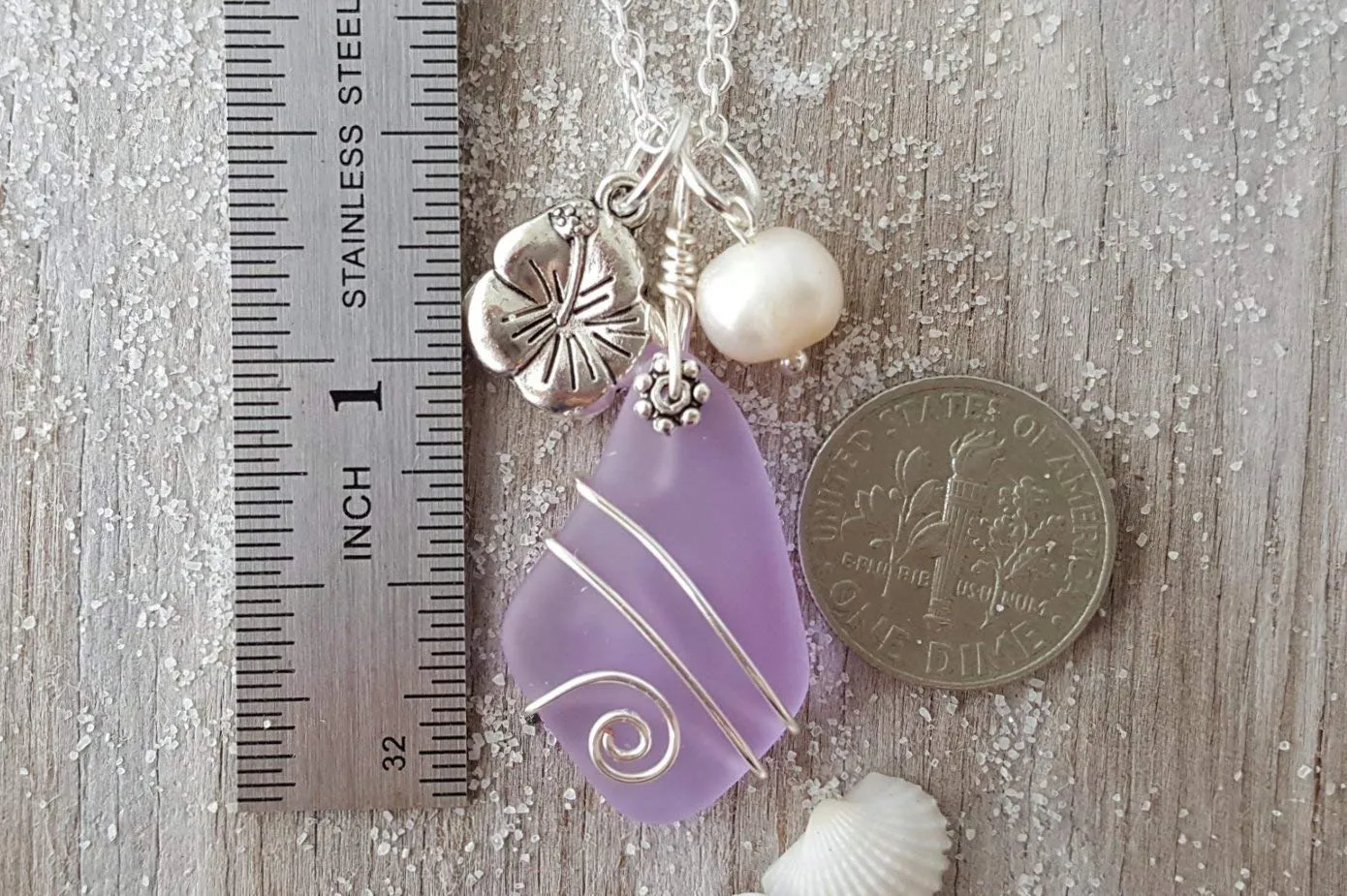Yinahawaii Sea Glass Necklace, Hawaiian Jewelry For Women, Wire Wrapped Sea Glass Necklace, Unique Birthday Gift (Purple - February)