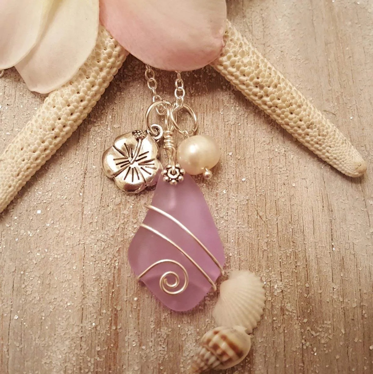 Yinahawaii Sea Glass Necklace, Hawaiian Jewelry For Women, Wire Wrapped Sea Glass Necklace, Unique Birthday Gift (Purple - February)