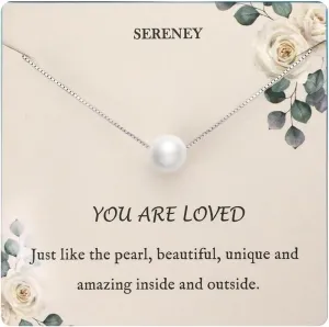 You Are Loved White Pearl Birthday Necklace, 8mm Single Pearl Simple Unique Small Pendant Minimalist Gifts Jewelry For Women