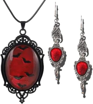 YWMAN Gothic Vampire Bat Earrings Necklace Set - Vintage Red Drop Earrings Blood Pendant - Mystic Witch Jewelry Gifts Halloween Costume for Women (VS3)