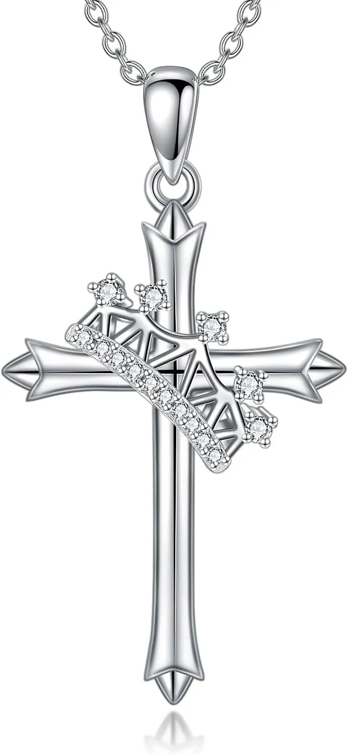 ZBA Natural Diamond Cross Necklaces for Women, 18K White Gold Plated S925 Sterling Silver Unique Cross Pendant Faith Jewelry Gift for Her 20inches (F-G,I1-I2)
