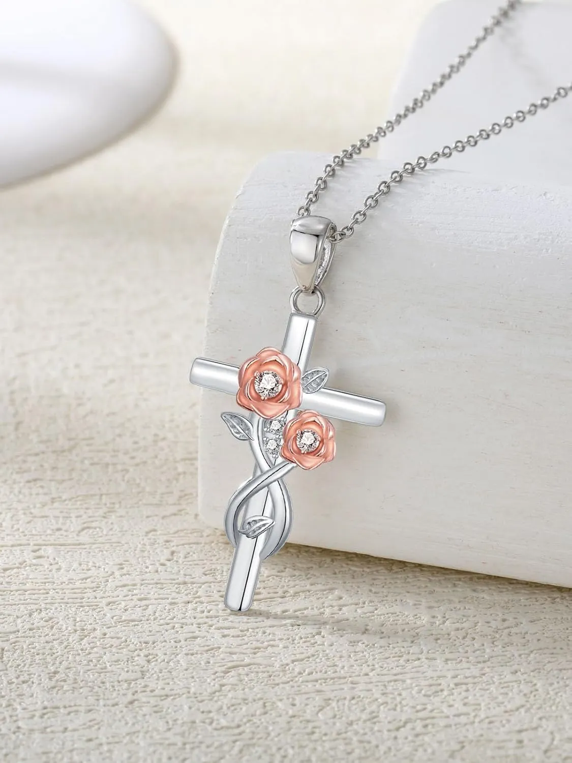 ZBA Natural Diamond Cross Necklaces for Women, 18K White Gold Plated S925 Sterling Silver Unique Cross Pendant Faith Jewelry Gift for Her 20inches (F-G,I1-I2)