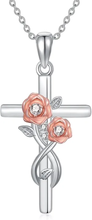 ZBA Natural Diamond Cross Necklaces for Women, 18K White Gold Plated S925 Sterling Silver Unique Cross Pendant Faith Jewelry Gift for Her 20inches (F-G,I1-I2)