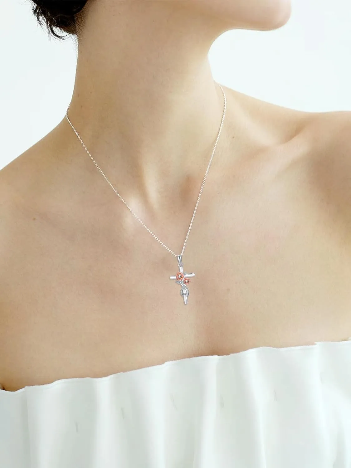 ZBA Natural Diamond Cross Necklaces for Women, 18K White Gold Plated S925 Sterling Silver Unique Cross Pendant Faith Jewelry Gift for Her 20inches (F-G,I1-I2)