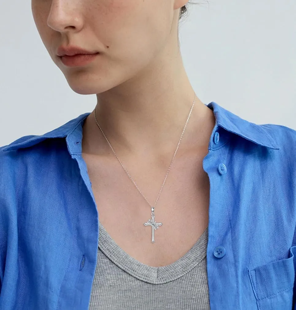 ZBA Natural Diamond Cross Necklaces for Women, 18K White Gold Plated S925 Sterling Silver Unique Cross Pendant Faith Jewelry Gift for Her 20inches (F-G,I1-I2)