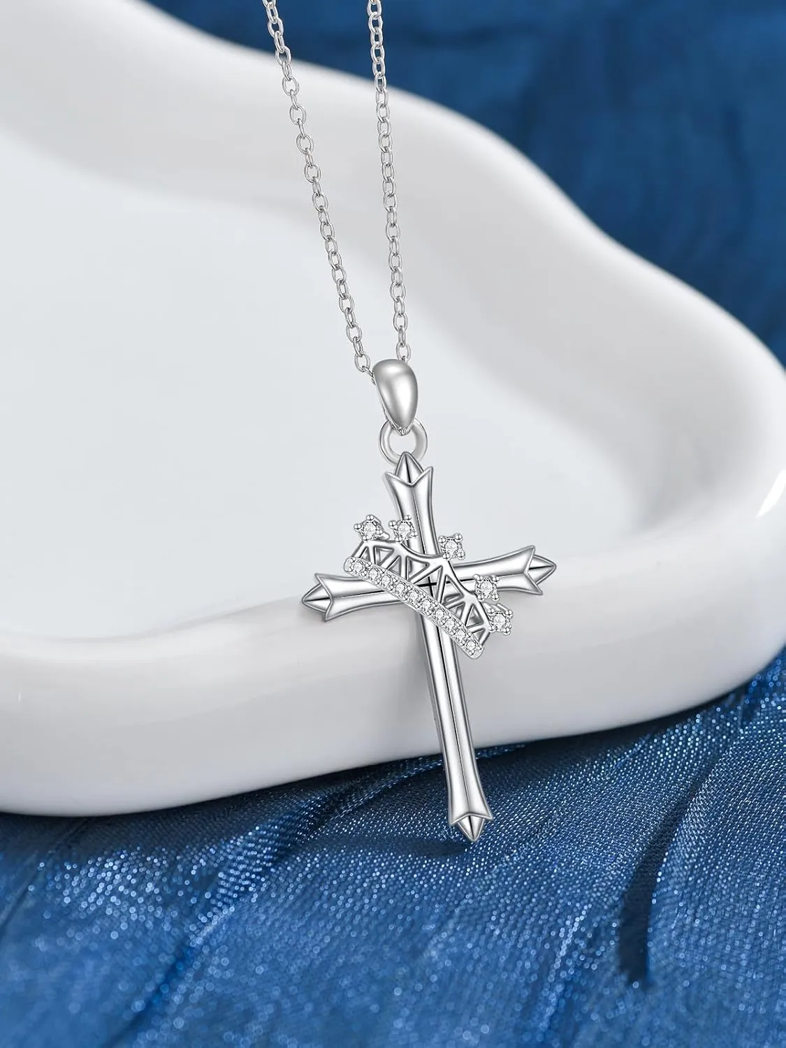 ZBA Natural Diamond Cross Necklaces for Women, 18K White Gold Plated S925 Sterling Silver Unique Cross Pendant Faith Jewelry Gift for Her 20inches (F-G,I1-I2)