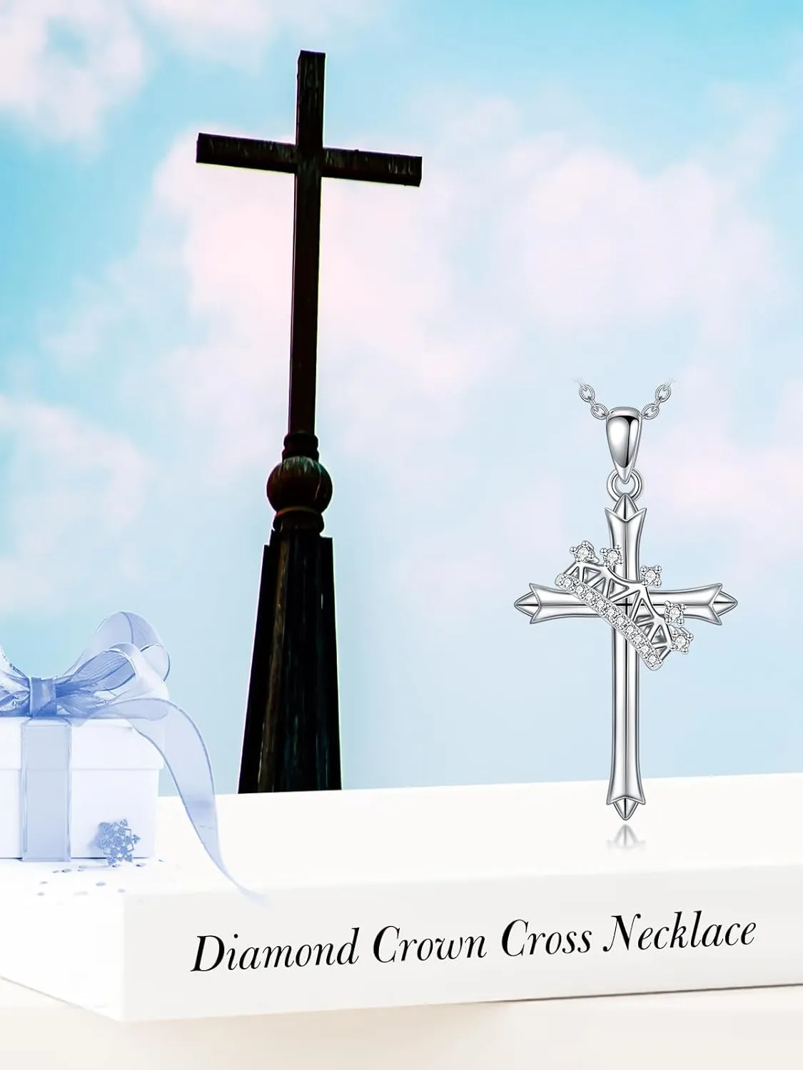 ZBA Natural Diamond Cross Necklaces for Women, 18K White Gold Plated S925 Sterling Silver Unique Cross Pendant Faith Jewelry Gift for Her 20inches (F-G,I1-I2)
