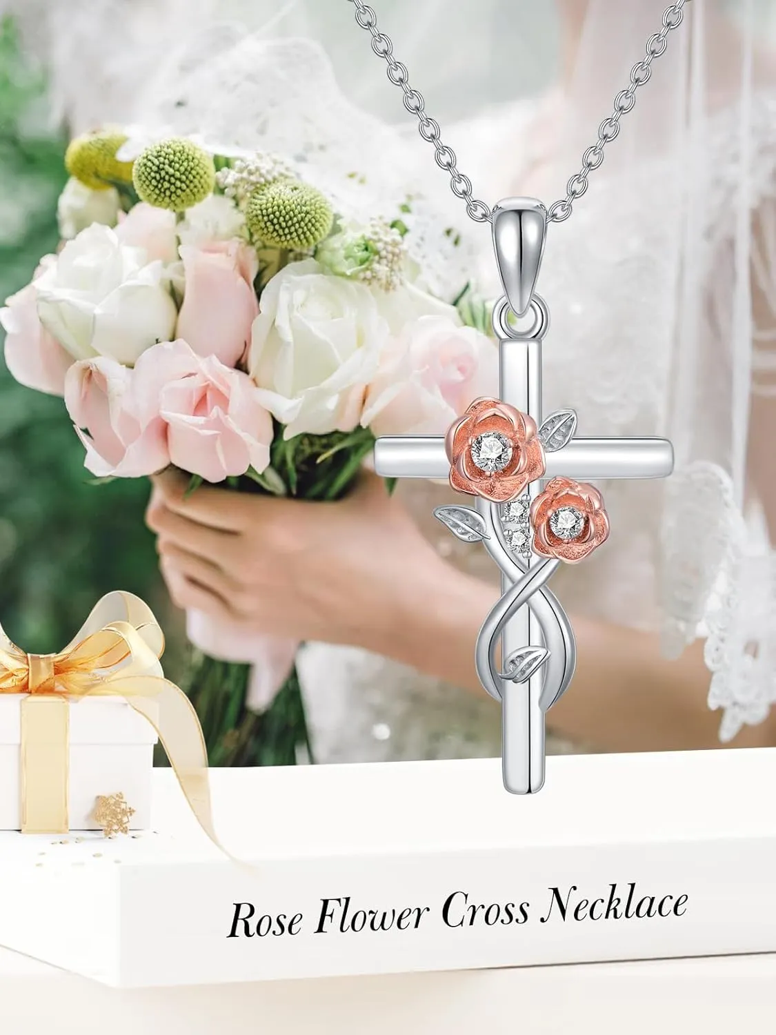 ZBA Natural Diamond Cross Necklaces for Women, 18K White Gold Plated S925 Sterling Silver Unique Cross Pendant Faith Jewelry Gift for Her 20inches (F-G,I1-I2)