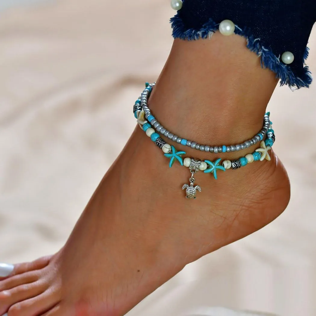 Zoestar Boho Starfish Turtle Anklet Bracelet Beaded Layerd Foot Accessories for Women(Silver/1Pc)