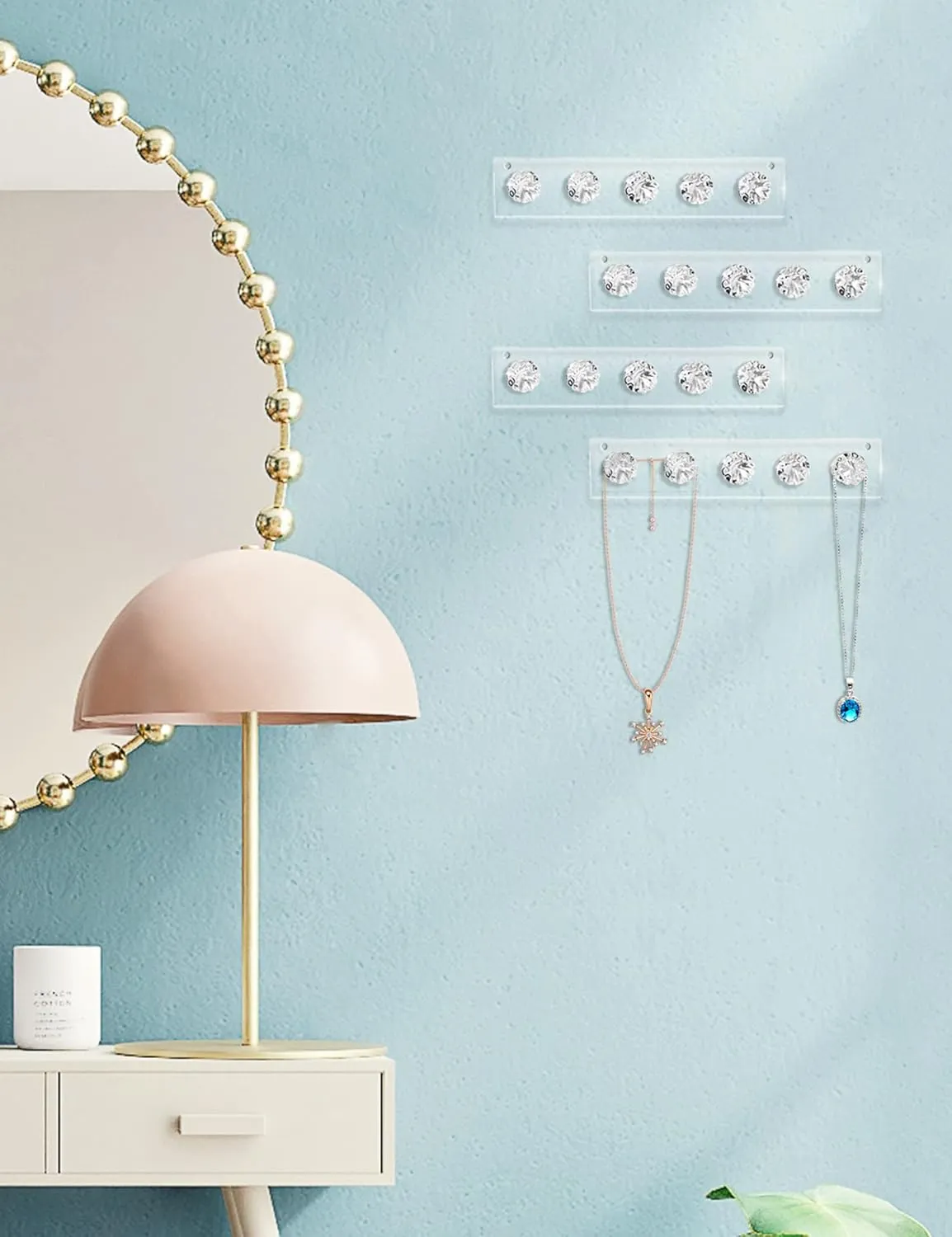 Zreal Necklace Hanger, Acrylic Necklace Holder Short with 5 Jewelry Hooks in Seashell Shape, Wall Mount Jewelry Hanger for Necklace, Bracelets, Chians (4-pack Clear)