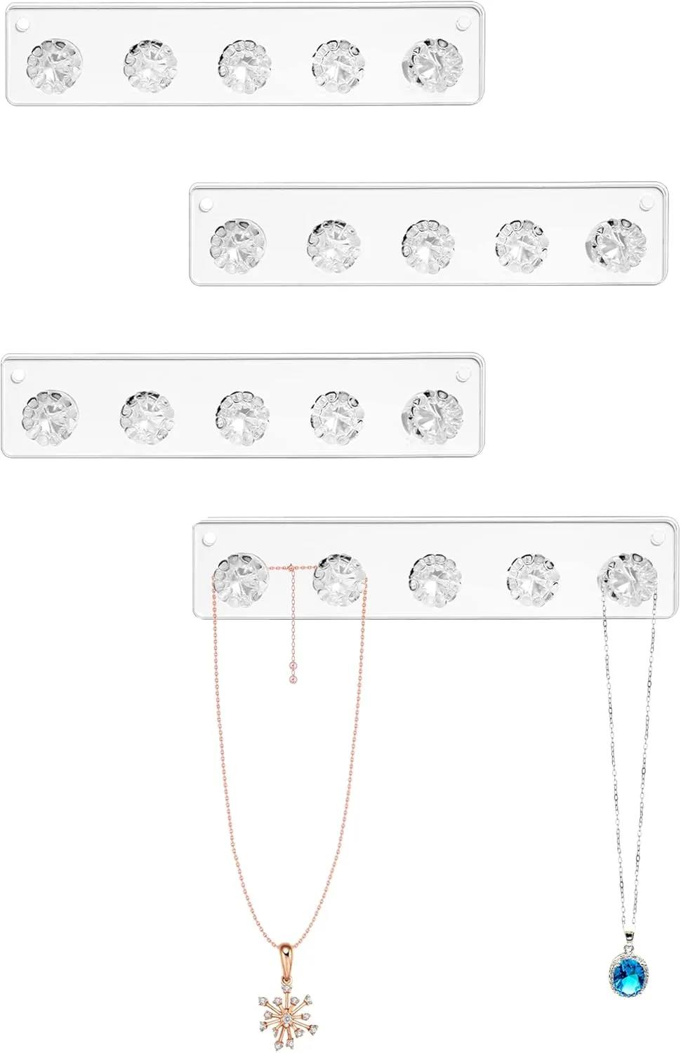 Zreal Necklace Hanger, Acrylic Necklace Holder Short with 5 Jewelry Hooks in Seashell Shape, Wall Mount Jewelry Hanger for Necklace, Bracelets, Chians (4-pack Clear)
